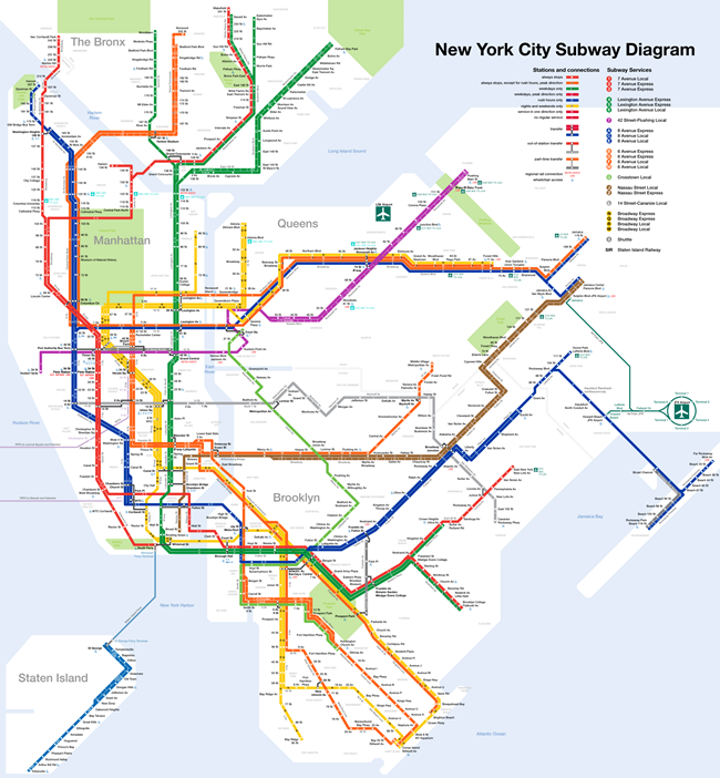 Plán sítě newyorského metra, mapa metra v New Yorku | © Jake Berman, maps.complutense.org